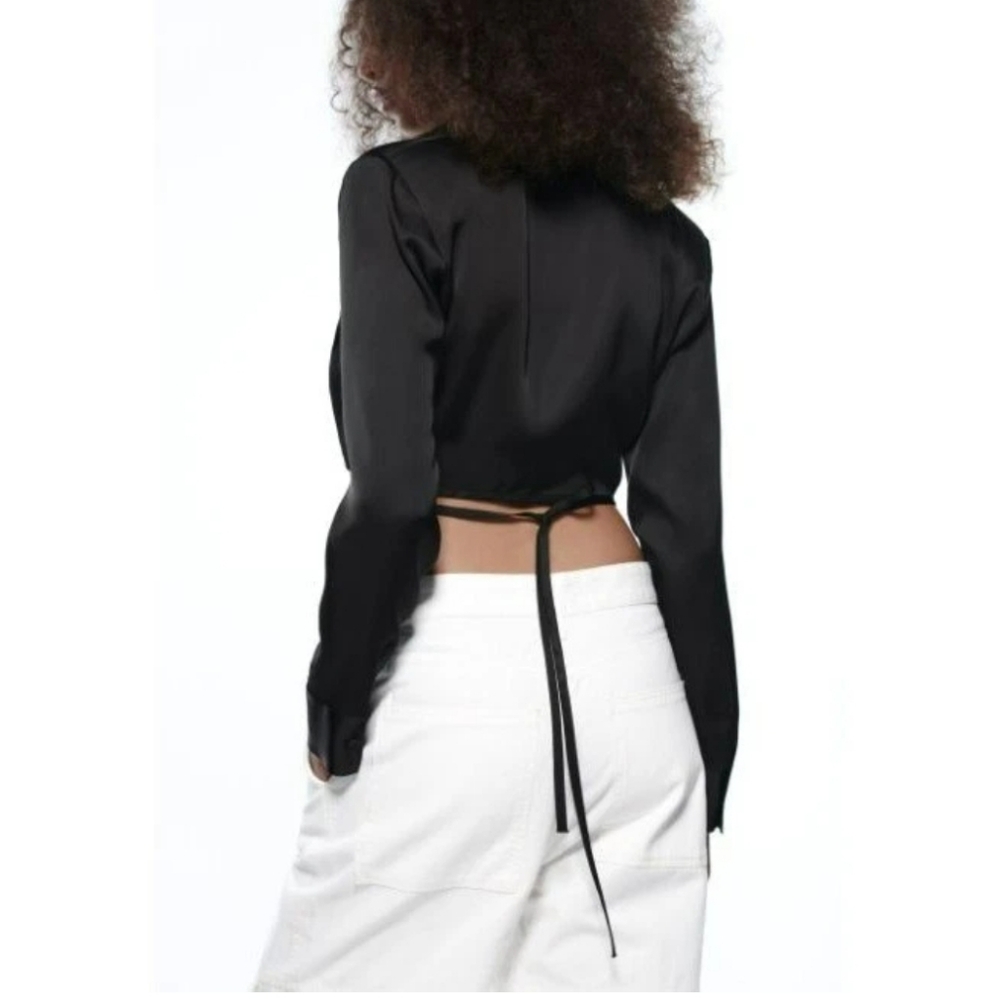 Zara Satin Effect Cropped Tie Front Blouse Top Black Size S - Picture 4 of 7